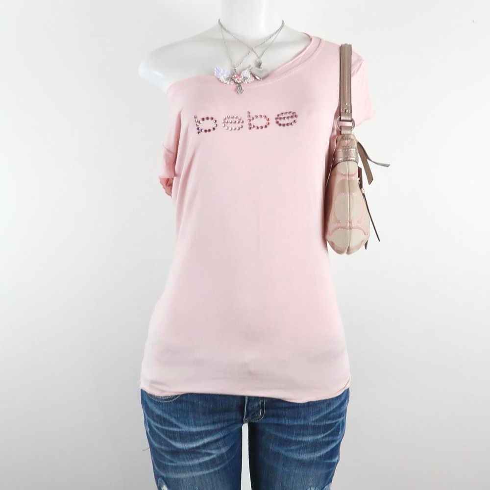 y2k bebe pink rhinestone logo tee 2000s baby pink top